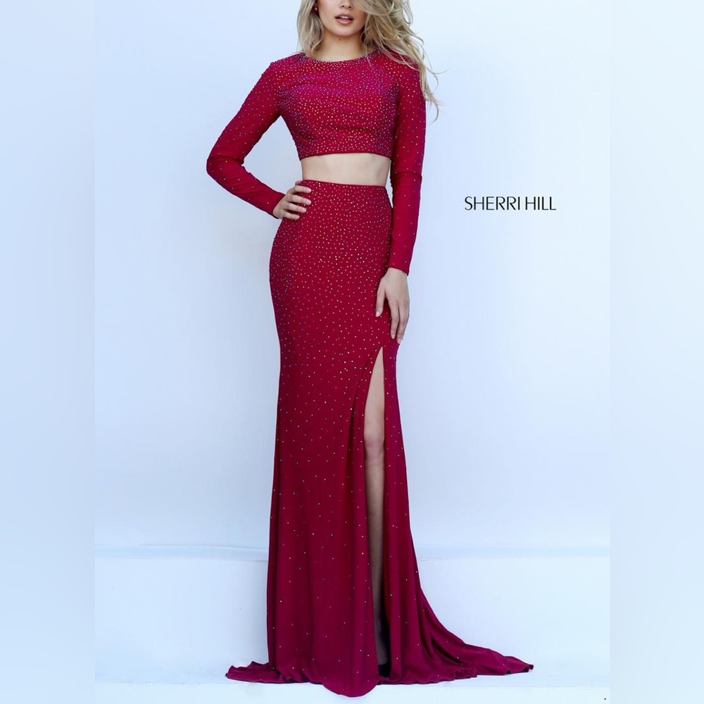 SHERRI HILL Two Piece Long Sleeve Dress with Side Slit in Ruby